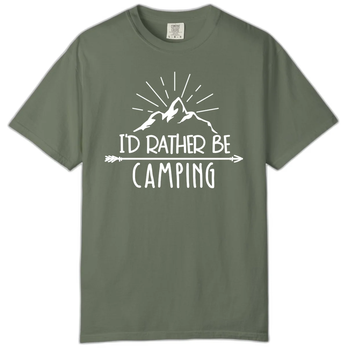 Mountain peaks with lightning bolt and radiating rays, text reads 'I'd Rather Be Camping' on gray background in Moss