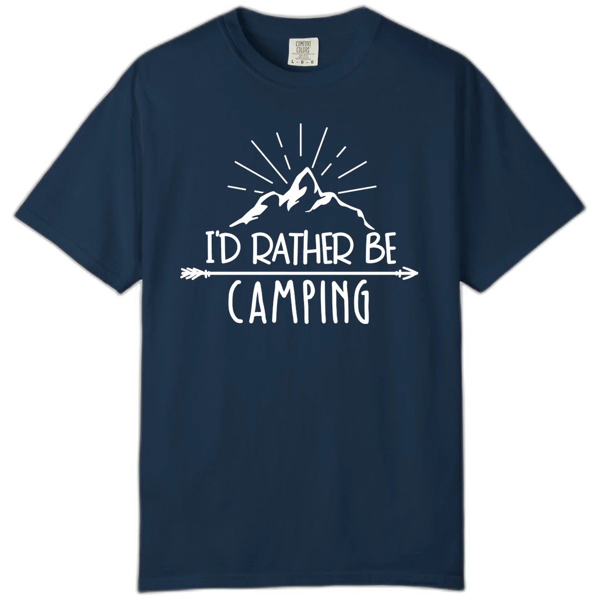 Mountain peaks with lightning bolt and radiating rays, text reads 'I'd Rather Be Camping' on gray background in True Navy