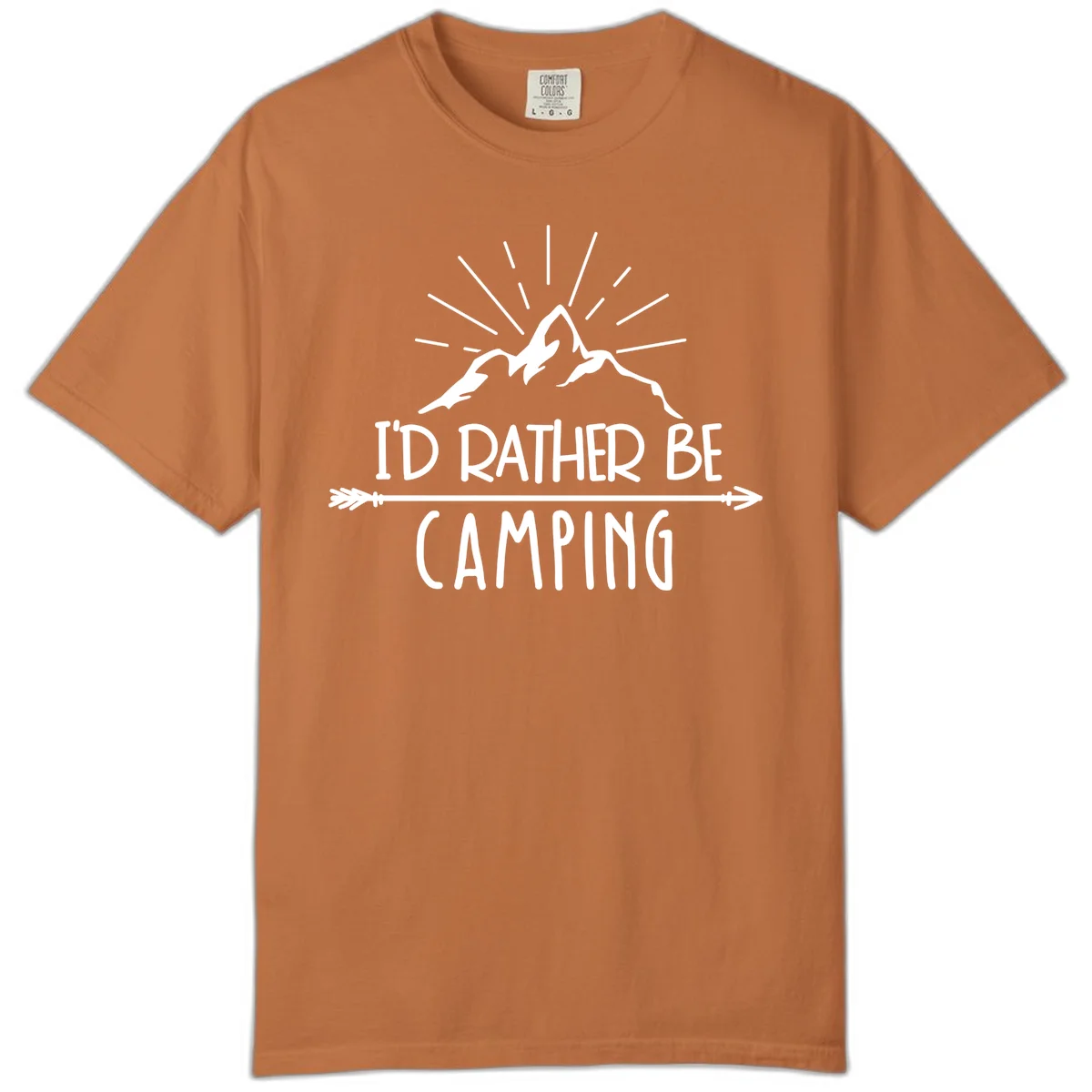 Mountain peaks with lightning bolt and radiating rays, text reads 'I'd Rather Be Camping' on gray background in Yam