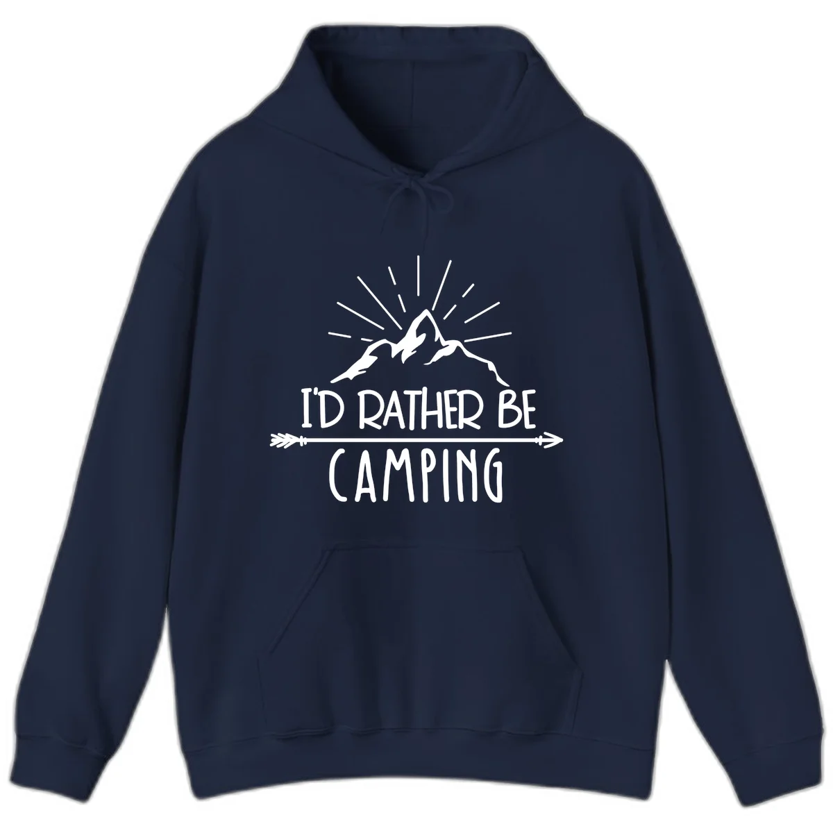 Mountain peaks with lightning bolt and radiating rays, text reads 'I'd Rather Be Camping' on gray background in Navy
