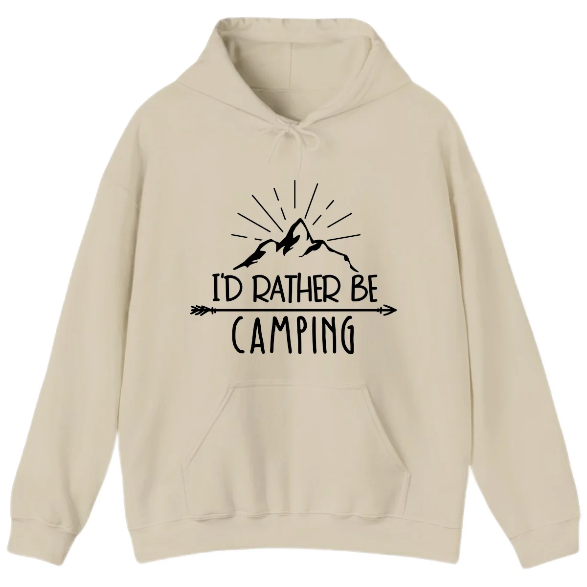 Mountain peaks with lightning bolt and radiating rays, text reads 'I'd Rather Be Camping' on gray background in Sand