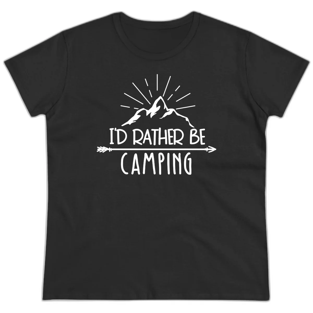 Mountain peaks with lightning bolt and radiating rays, text reads 'I'd Rather Be Camping' on gray background in Black