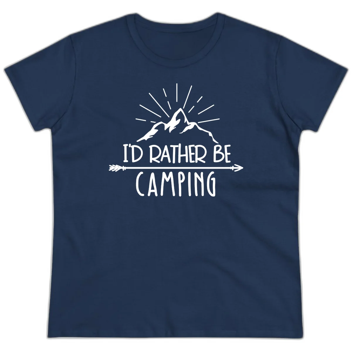 Mountain peaks with lightning bolt and radiating rays, text reads 'I'd Rather Be Camping' on gray background in Navy