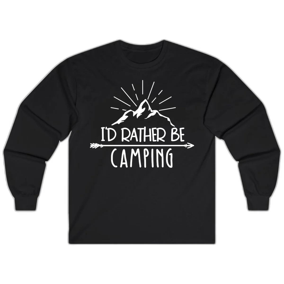Mountain peaks with lightning bolt and radiating rays, text reads 'I'd Rather Be Camping' on gray background in Black