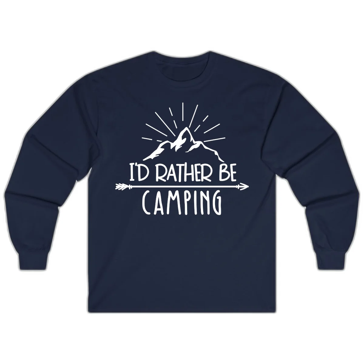 Mountain peaks with lightning bolt and radiating rays, text reads 'I'd Rather Be Camping' on gray background in Navy
