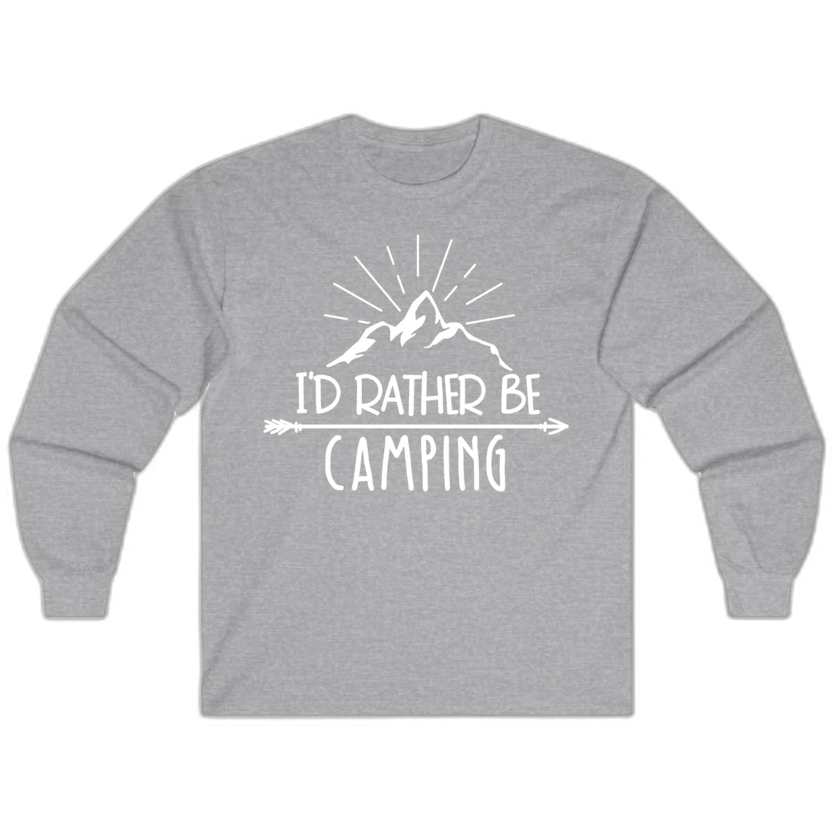 Mountain peaks with lightning bolt and radiating rays, text reads 'I'd Rather Be Camping' on gray background in Sport Grey