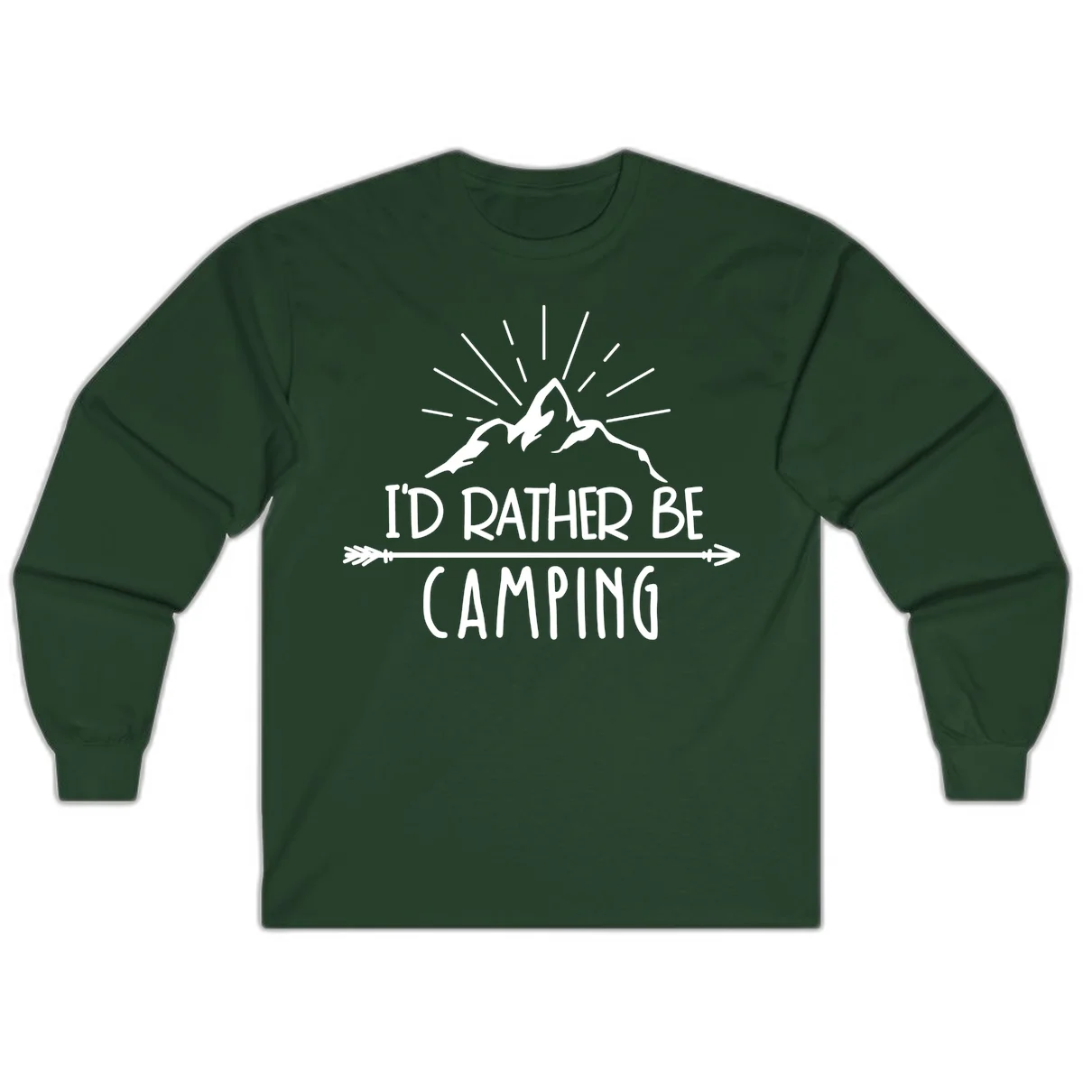 Mountain peaks with lightning bolt and radiating rays, text reads 'I'd Rather Be Camping' on gray background in Forest Green