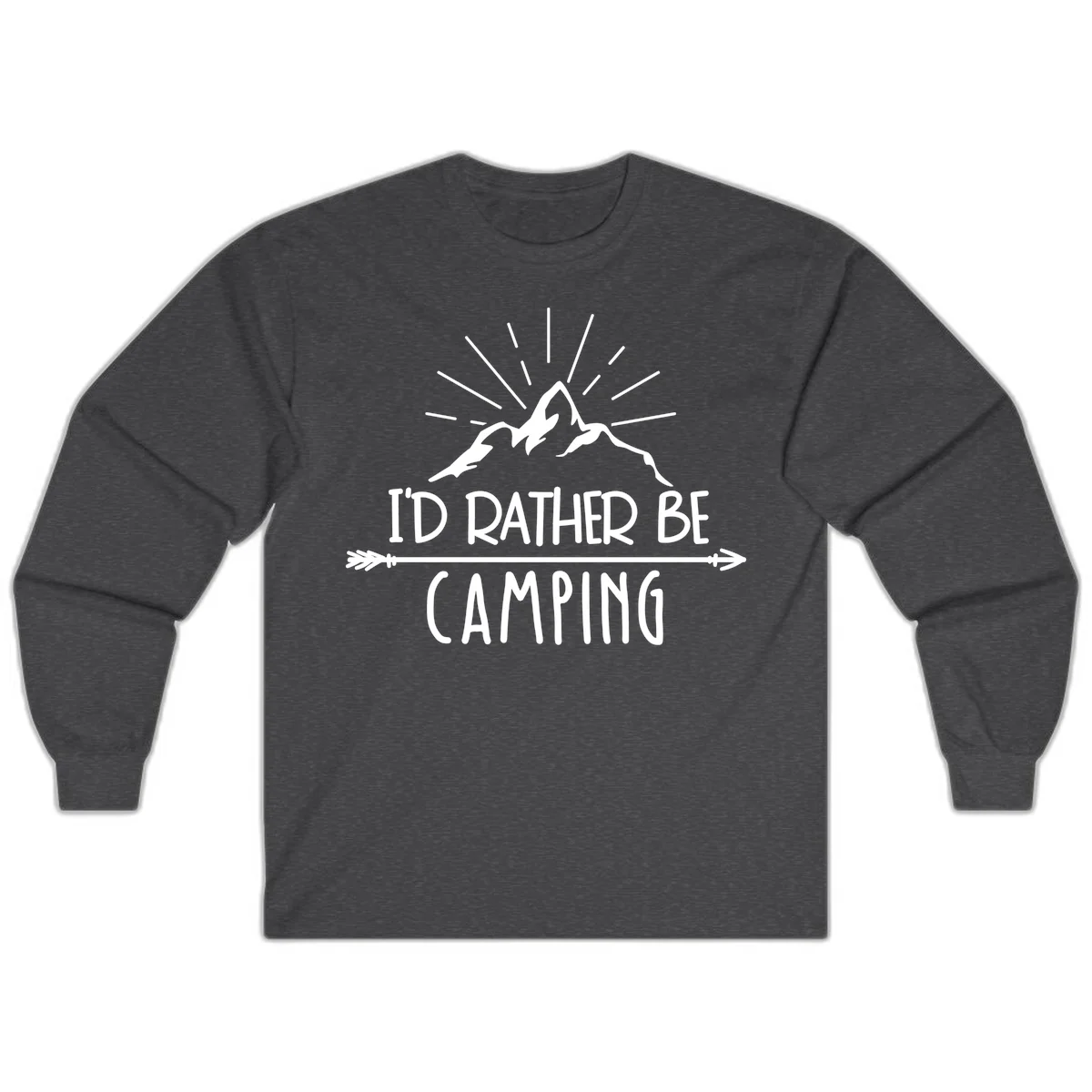 Mountain peaks with lightning bolt and radiating rays, text reads 'I'd Rather Be Camping' on gray background in Dark Heather