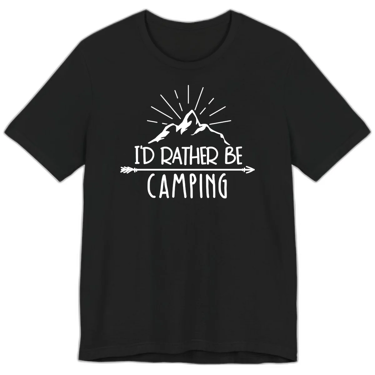 Mountain peaks with lightning bolt and radiating rays, text reads 'I'd Rather Be Camping' on gray background in Black