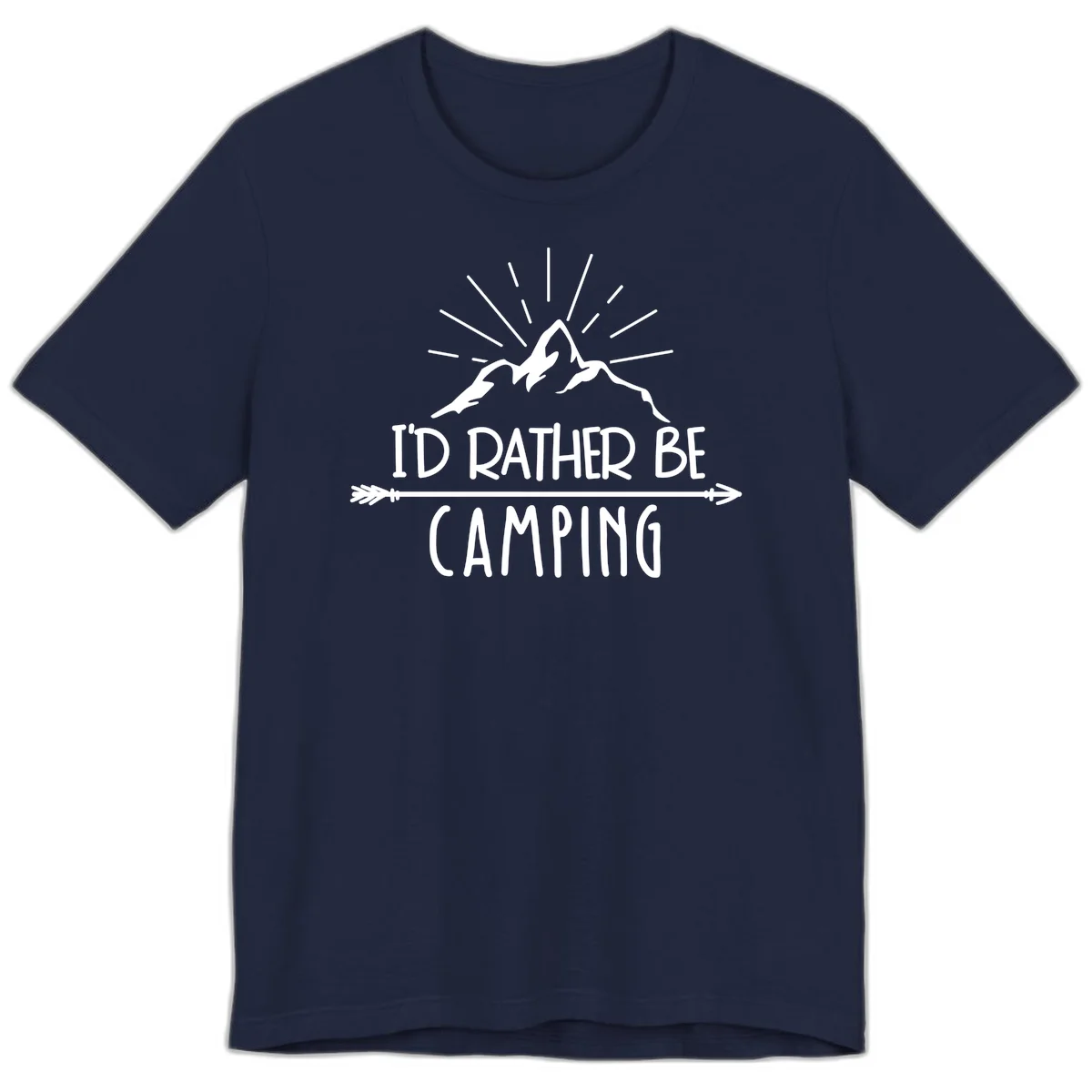 Mountain peaks with lightning bolt and radiating rays, text reads 'I'd Rather Be Camping' on gray background in Navy