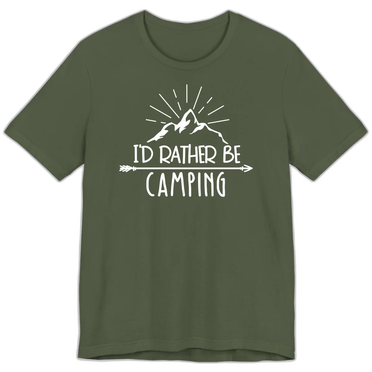 Mountain peaks with lightning bolt and radiating rays, text reads 'I'd Rather Be Camping' on gray background in Military Green