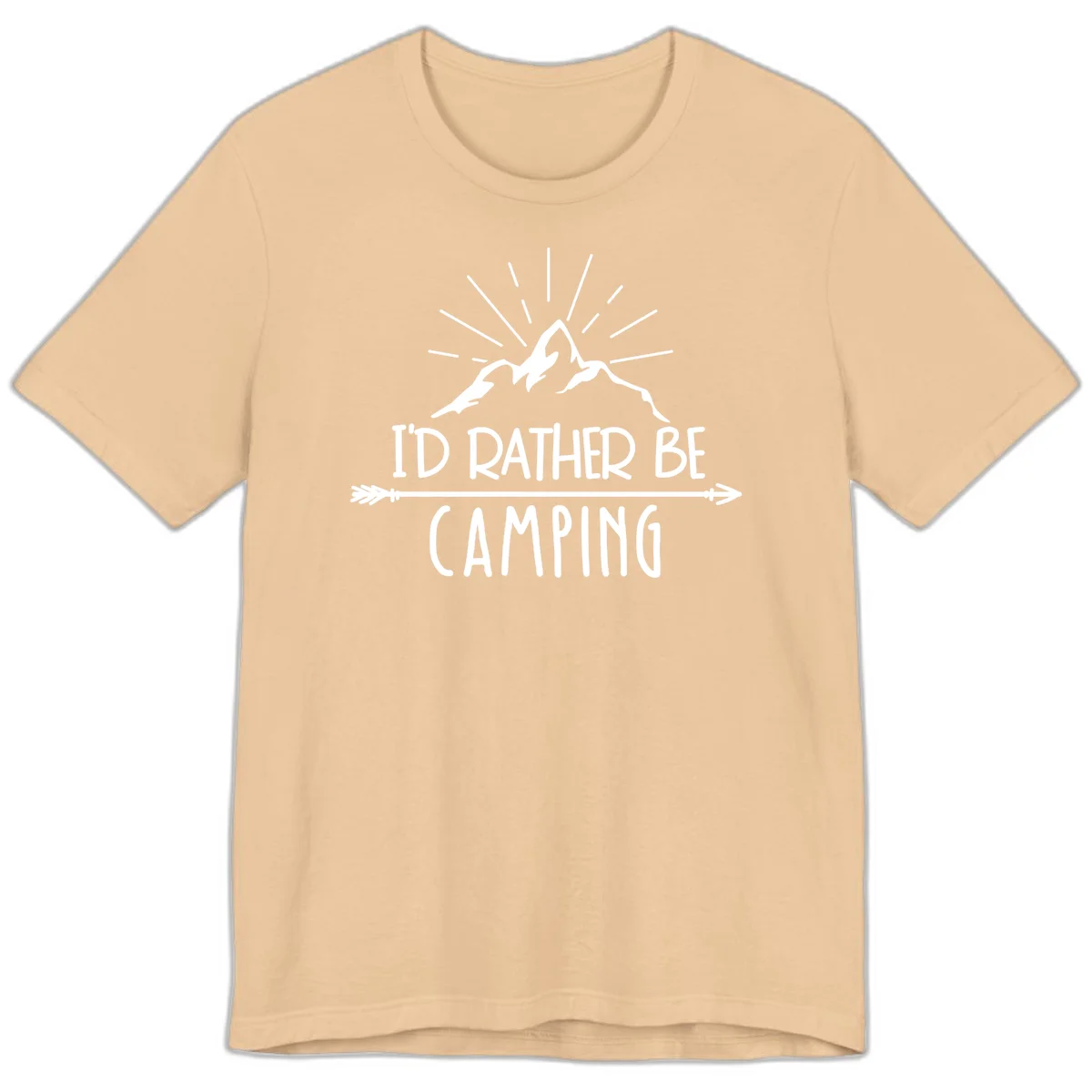 Mountain peaks with lightning bolt and radiating rays, text reads 'I'd Rather Be Camping' on gray background in Sand Dune