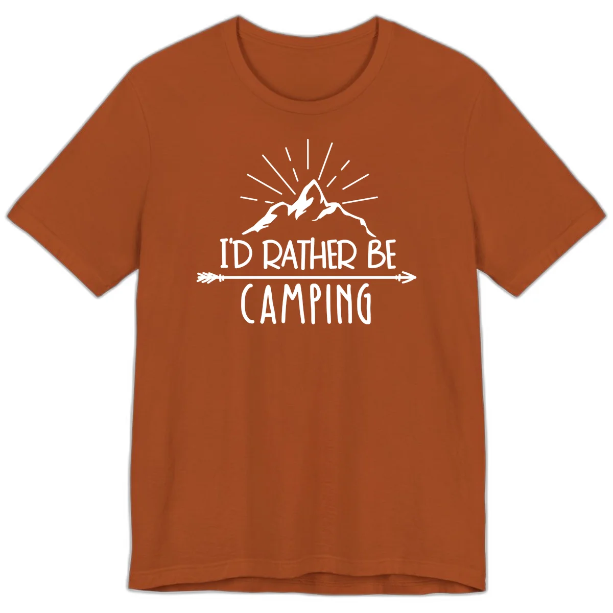 Mountain peaks with lightning bolt and radiating rays, text reads 'I'd Rather Be Camping' on gray background in Autumn