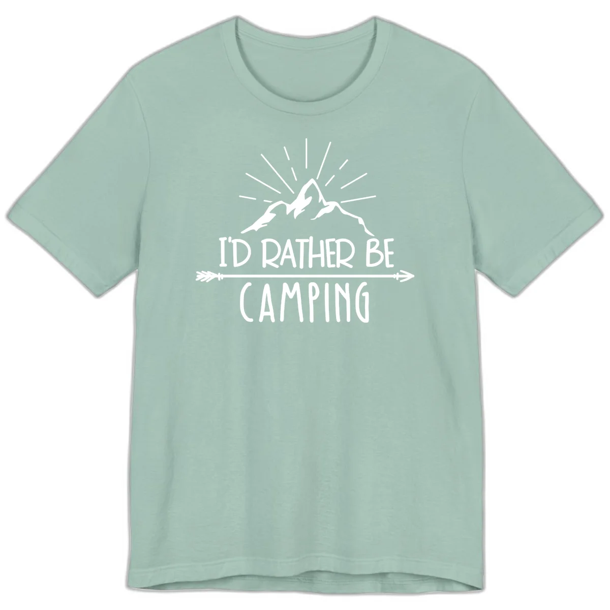 Mountain peaks with lightning bolt and radiating rays, text reads 'I'd Rather Be Camping' on gray background in Dusty Blue