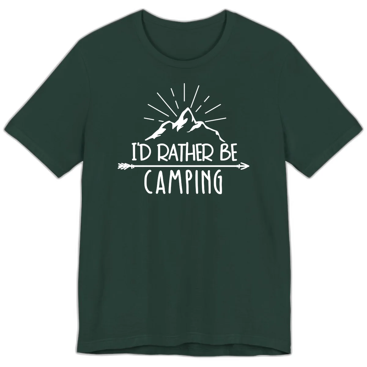 Mountain peaks with lightning bolt and radiating rays, text reads 'I'd Rather Be Camping' on gray background in Forest