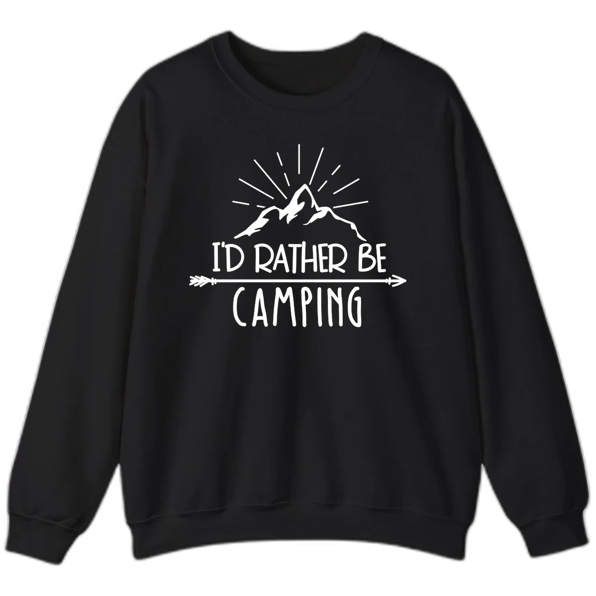 Mountain peaks with lightning bolt and radiating rays, text reads 'I'd Rather Be Camping' on gray background in Black
