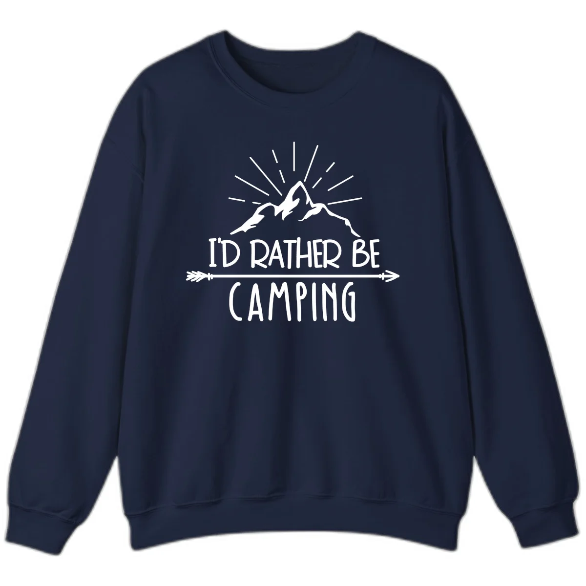 Mountain peaks with lightning bolt and radiating rays, text reads 'I'd Rather Be Camping' on gray background in Navy