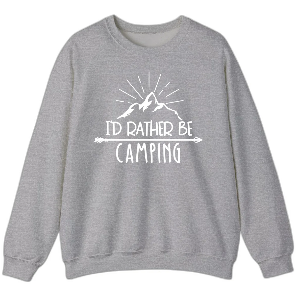 Mountain peaks with lightning bolt and radiating rays, text reads 'I'd Rather Be Camping' on gray background in Sport Grey