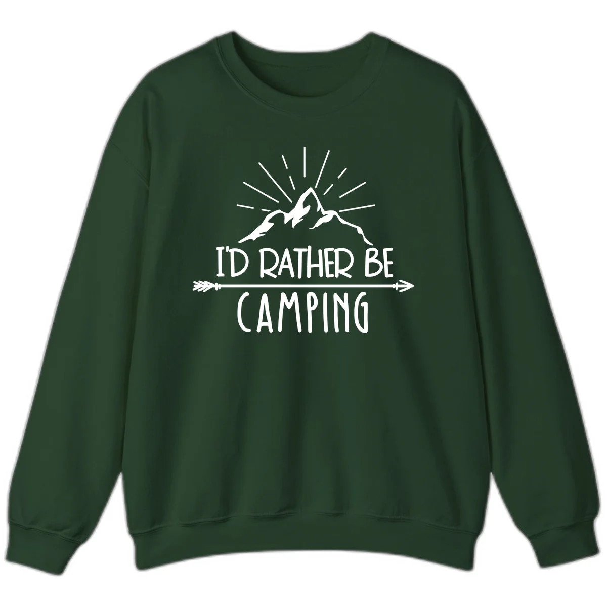 Mountain peaks with lightning bolt and radiating rays, text reads 'I'd Rather Be Camping' on gray background in Forest Green