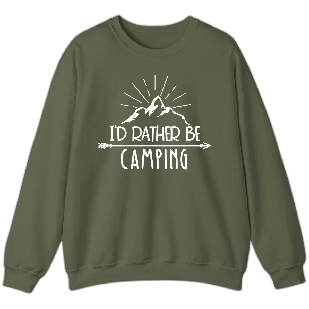 Mountain peaks with lightning bolt and radiating rays, text reads 'I'd Rather Be Camping' on gray background in Military Green
