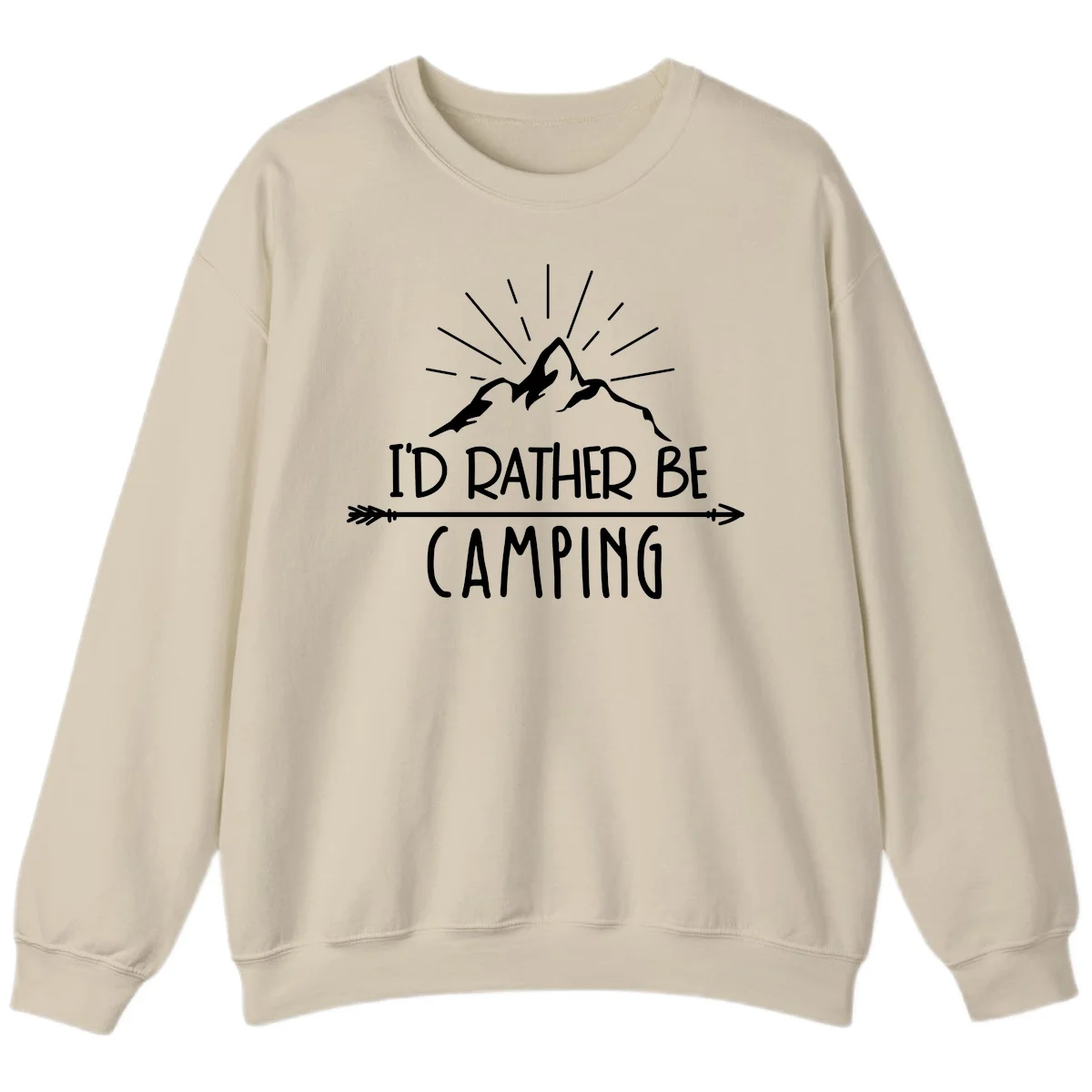 Mountain peaks with lightning bolt and radiating rays, text reads 'I'd Rather Be Camping' on gray background in Sand