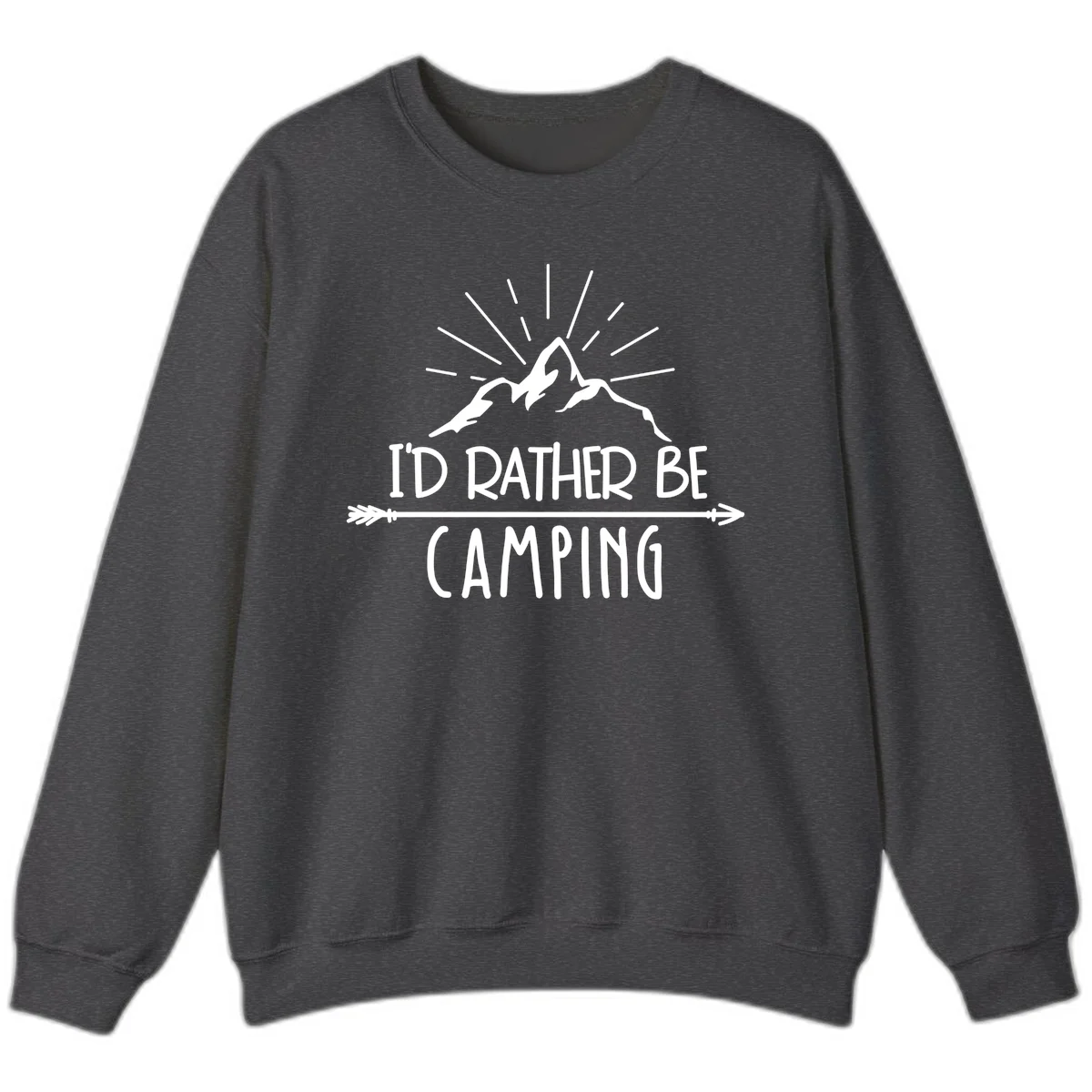 Mountain peaks with lightning bolt and radiating rays, text reads 'I'd Rather Be Camping' on gray background in Dark Heather