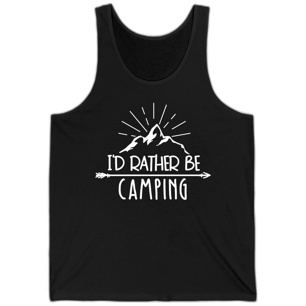 Mountain peaks with lightning bolt and radiating rays, text reads 'I'd Rather Be Camping' on gray background in Black