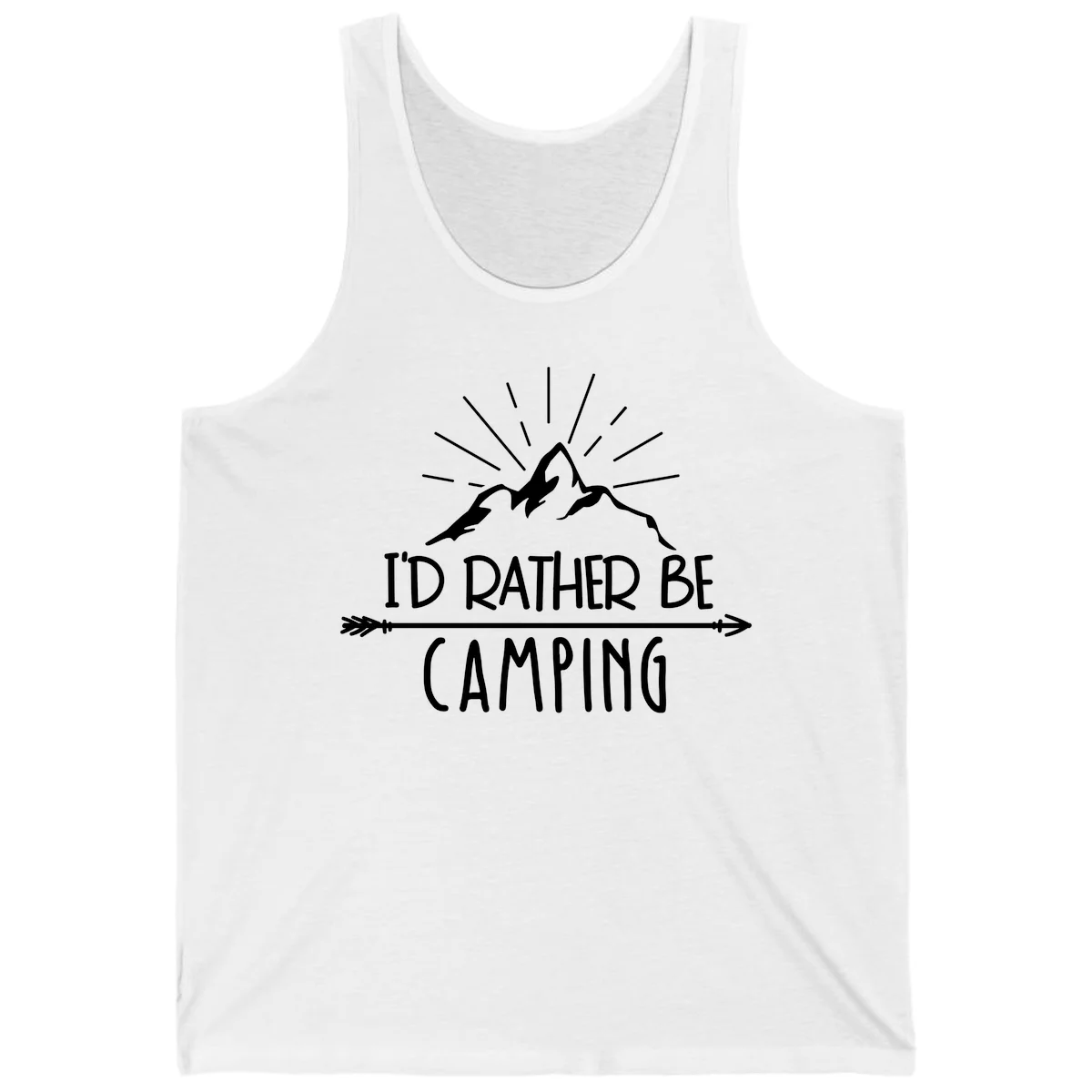 Mountain peaks with lightning bolt and radiating rays, text reads 'I'd Rather Be Camping' on gray background in White