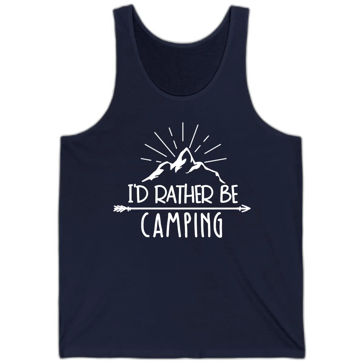 Mountain peaks with lightning bolt and radiating rays, text reads 'I'd Rather Be Camping' on gray background in Navy