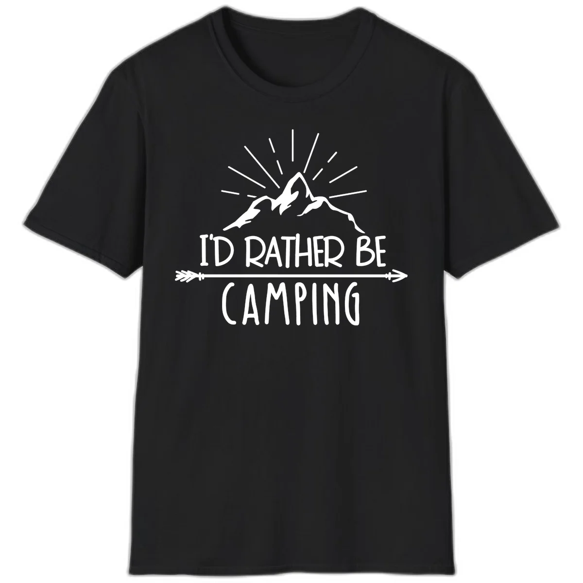 Mountain peaks with lightning bolt and radiating rays, text reads 'I'd Rather Be Camping' on gray background in Black