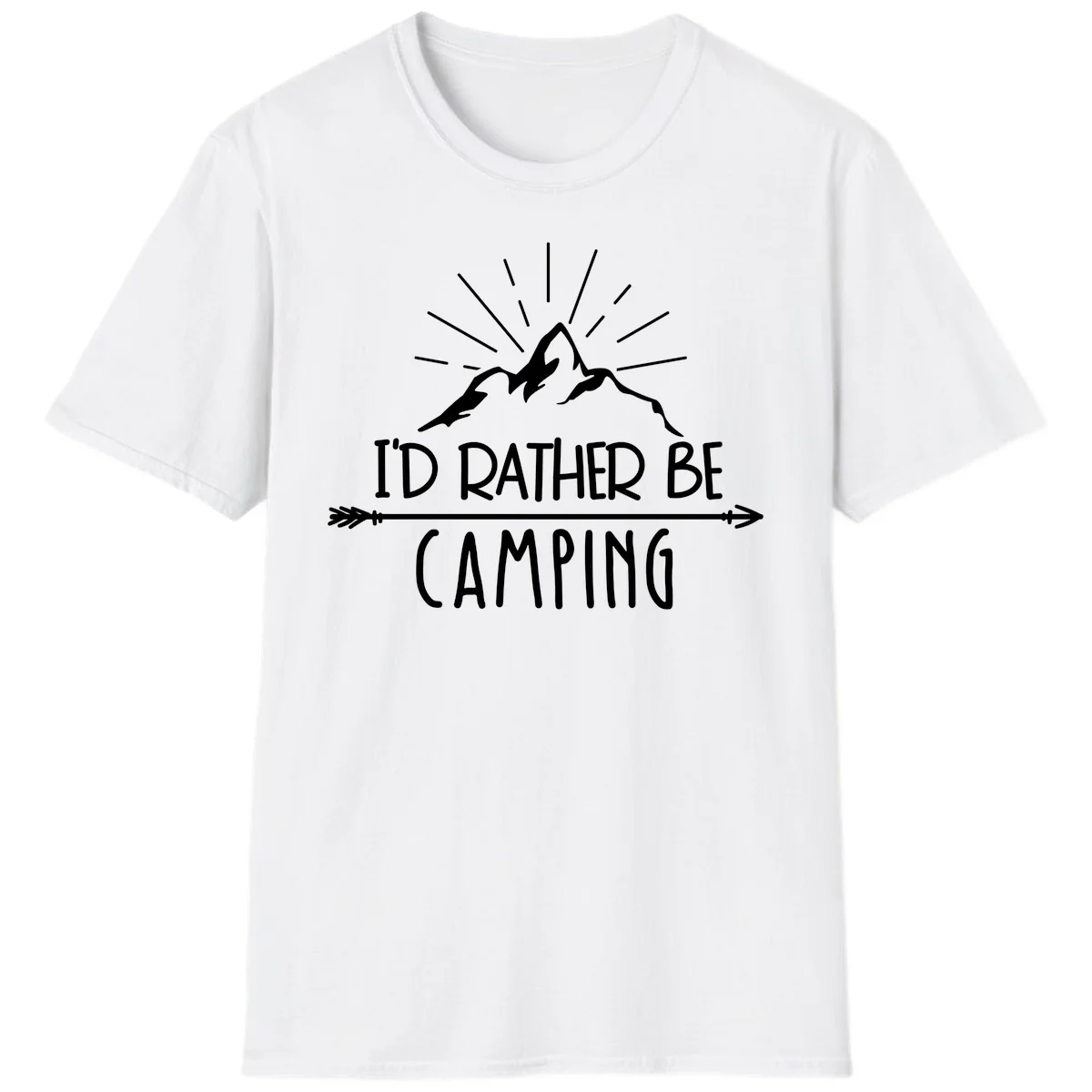 Mountain peaks with lightning bolt and radiating rays, text reads 'I'd Rather Be Camping' on gray background in White