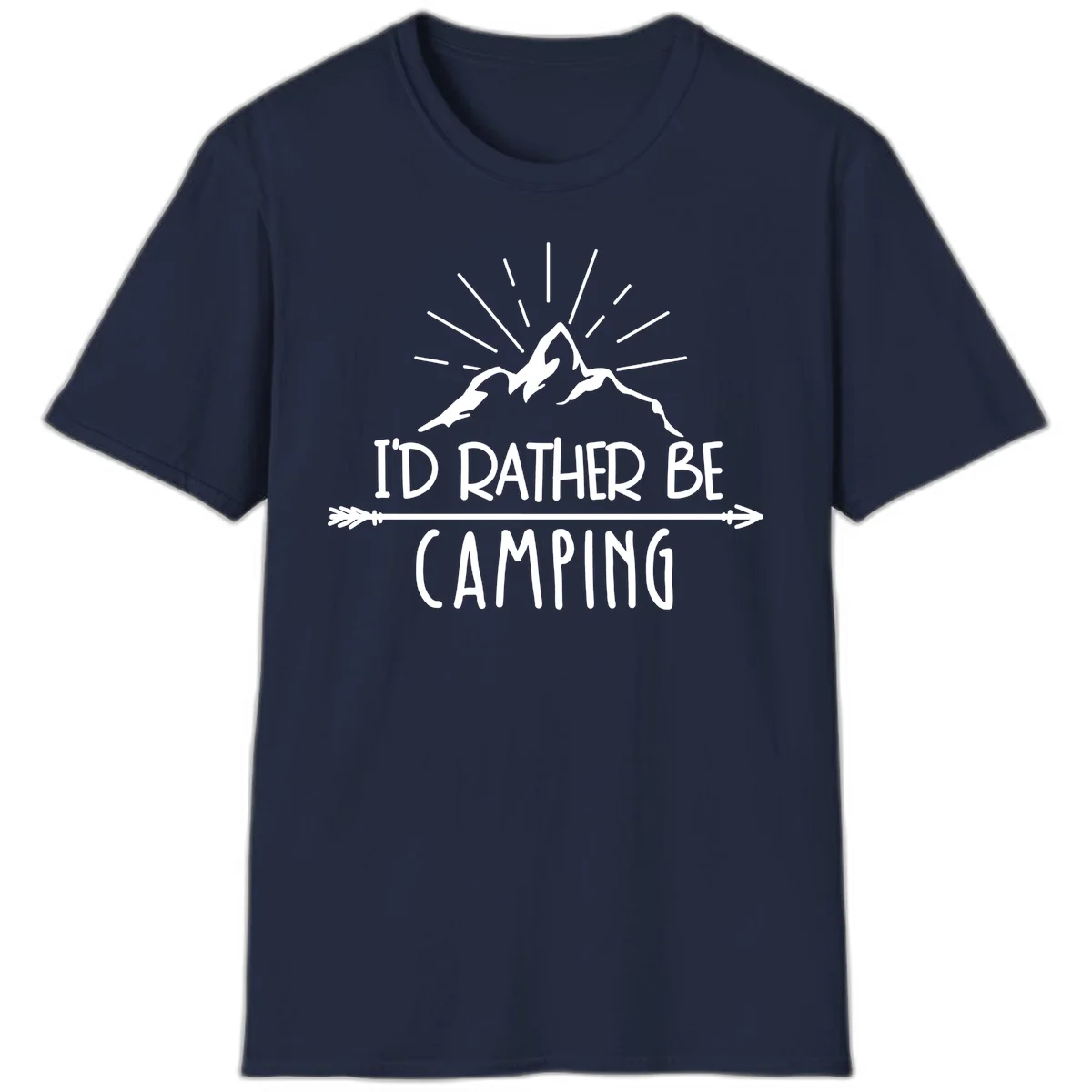 Mountain peaks with lightning bolt and radiating rays, text reads 'I'd Rather Be Camping' on gray background in Navy
