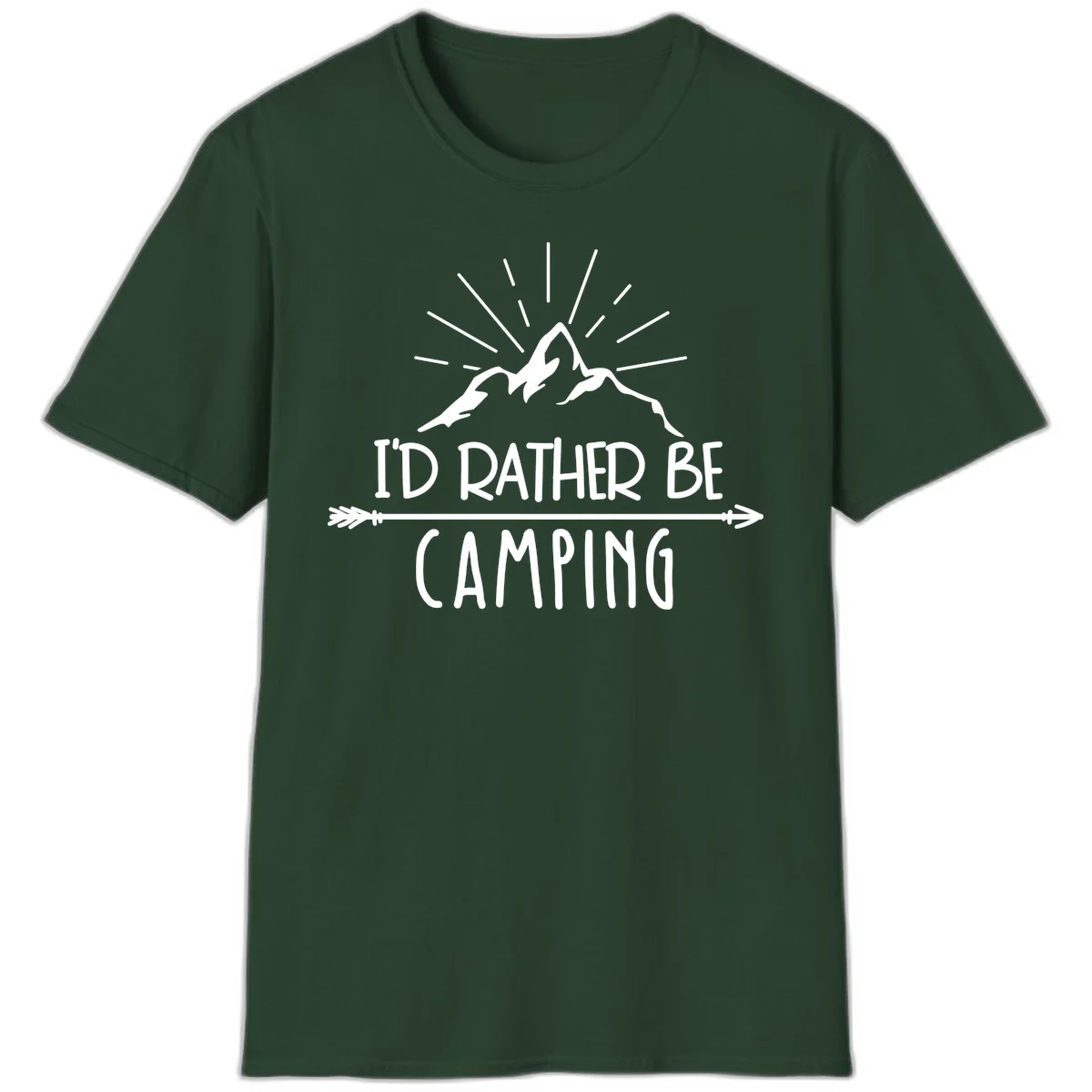 Mountain peaks with lightning bolt and radiating rays, text reads 'I'd Rather Be Camping' on gray background in Forest Green