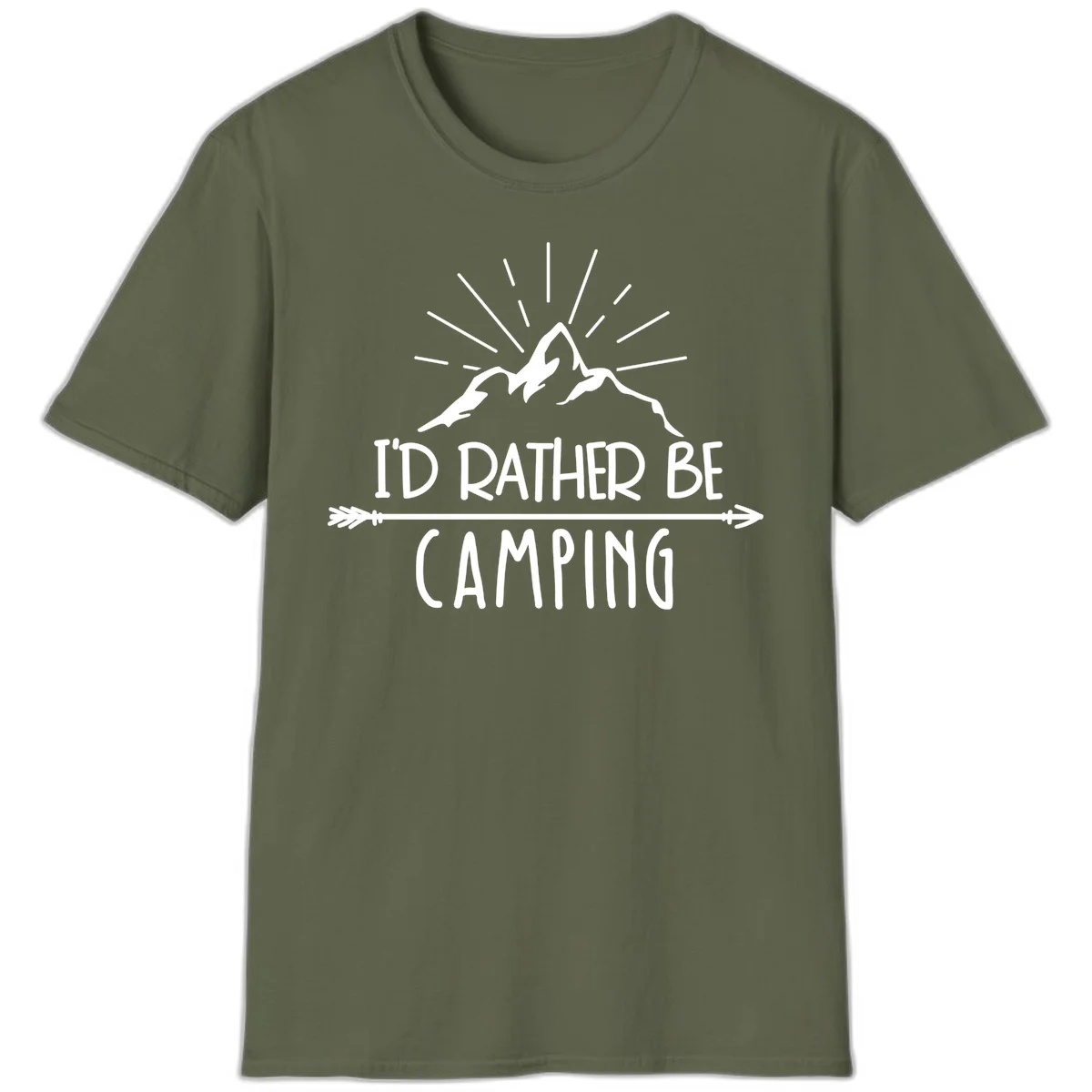Mountain peaks with lightning bolt and radiating rays, text reads 'I'd Rather Be Camping' on gray background in Military Green