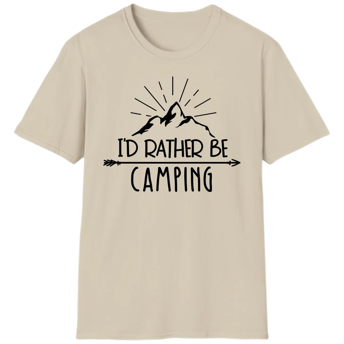 Mountain peaks with lightning bolt and radiating rays, text reads 'I'd Rather Be Camping' on gray background in Sand