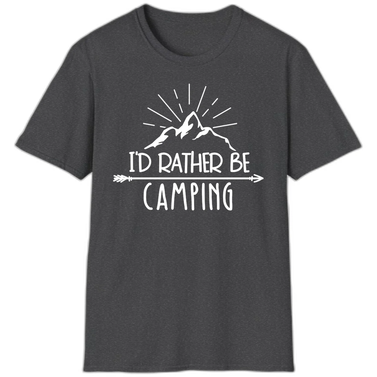Mountain peaks with lightning bolt and radiating rays, text reads 'I'd Rather Be Camping' on gray background in Dark Heather
