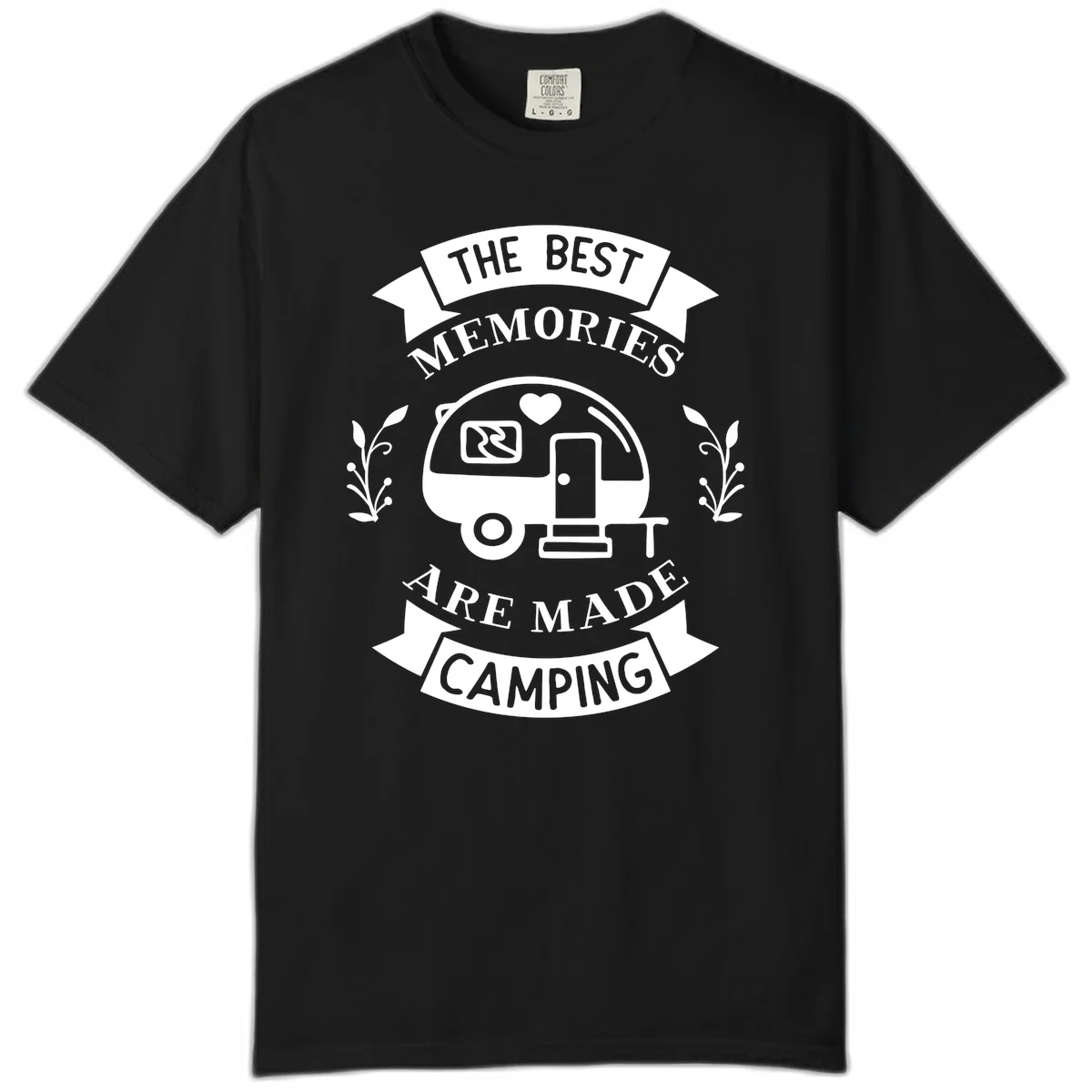 Vintage badge design with travel trailer and heart, text reading 'The Best Memories Are Made Camping' with decorative botanical branches in Black