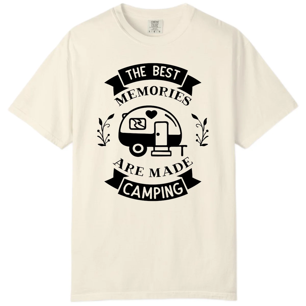 Vintage badge design with travel trailer and heart, text reading 'The Best Memories Are Made Camping' with decorative botanical branches in Ivory