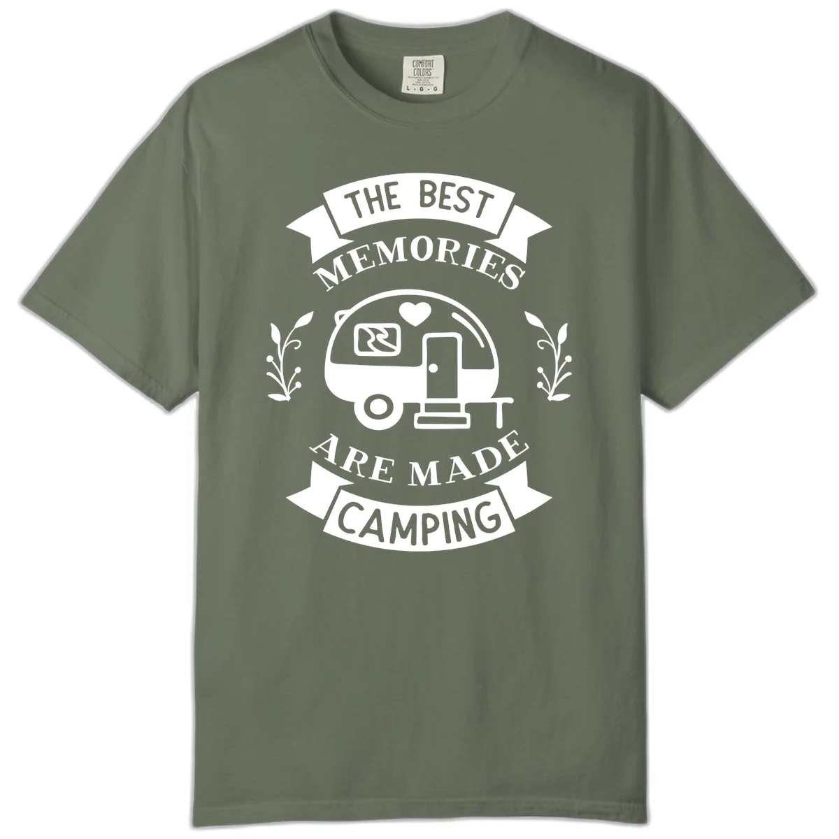 Vintage badge design with travel trailer and heart, text reading 'The Best Memories Are Made Camping' with decorative botanical branches in Moss