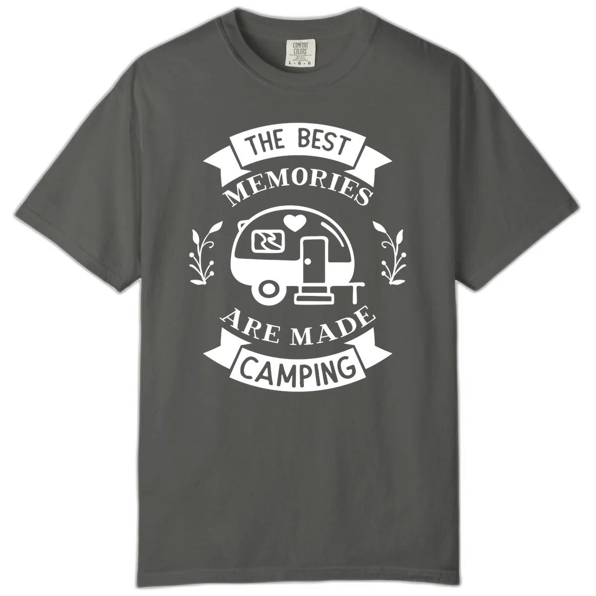 Vintage badge design with travel trailer and heart, text reading 'The Best Memories Are Made Camping' with decorative botanical branches in Pepper