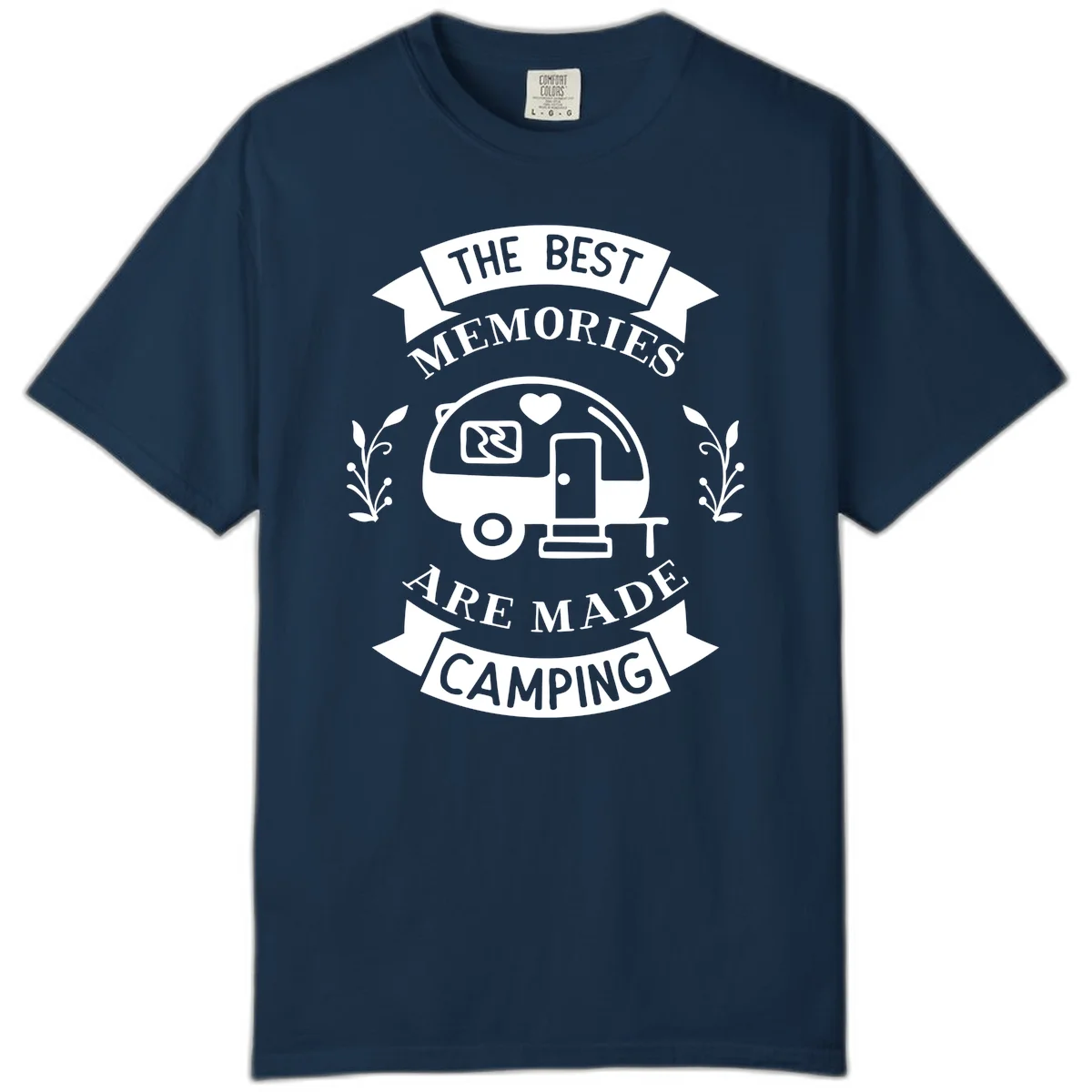 Vintage badge design with travel trailer and heart, text reading 'The Best Memories Are Made Camping' with decorative botanical branches in True Navy