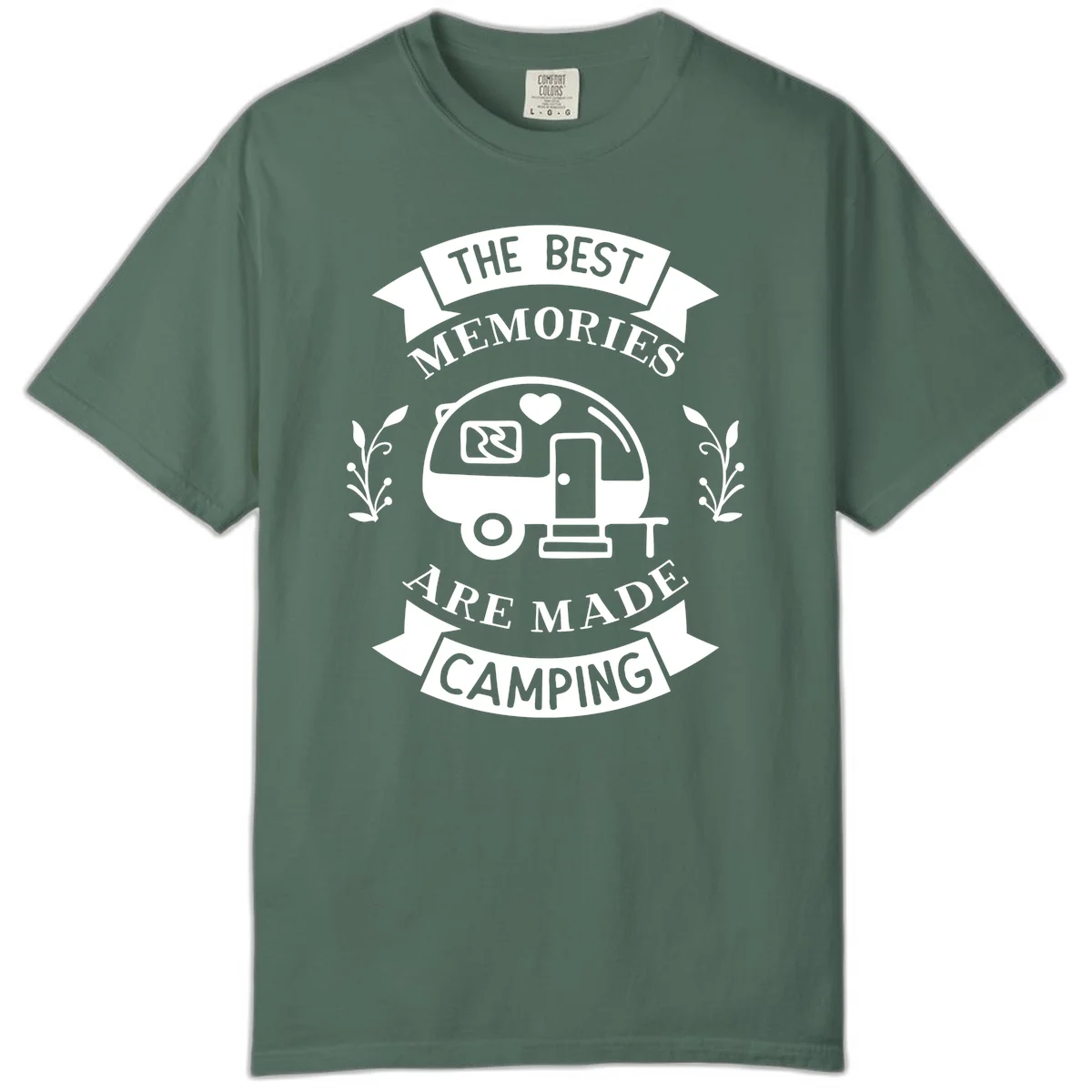 Vintage badge design with travel trailer and heart, text reading 'The Best Memories Are Made Camping' with decorative botanical branches in Blue Spruce