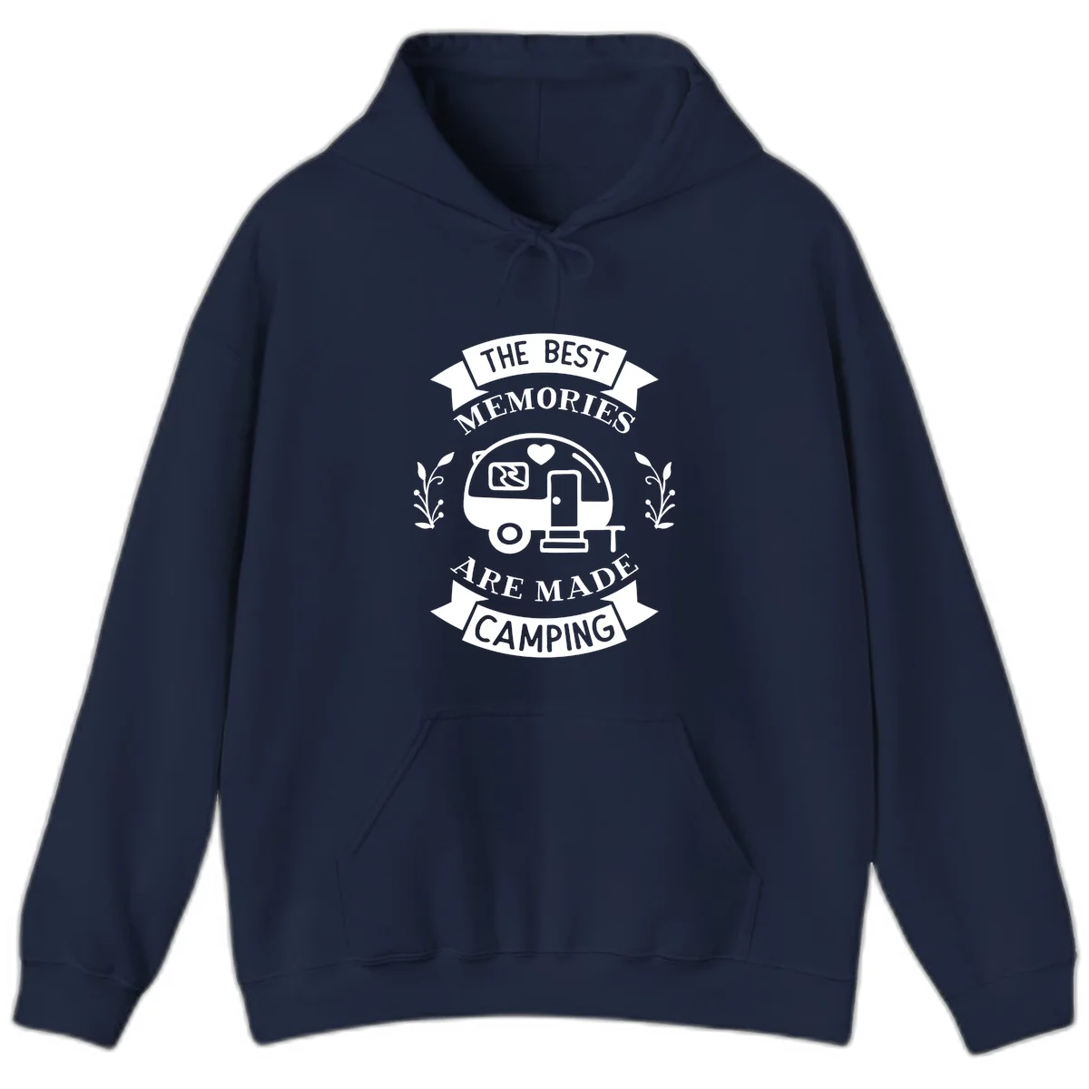 Vintage badge design with travel trailer and heart, text reading 'The Best Memories Are Made Camping' with decorative botanical branches in Navy
