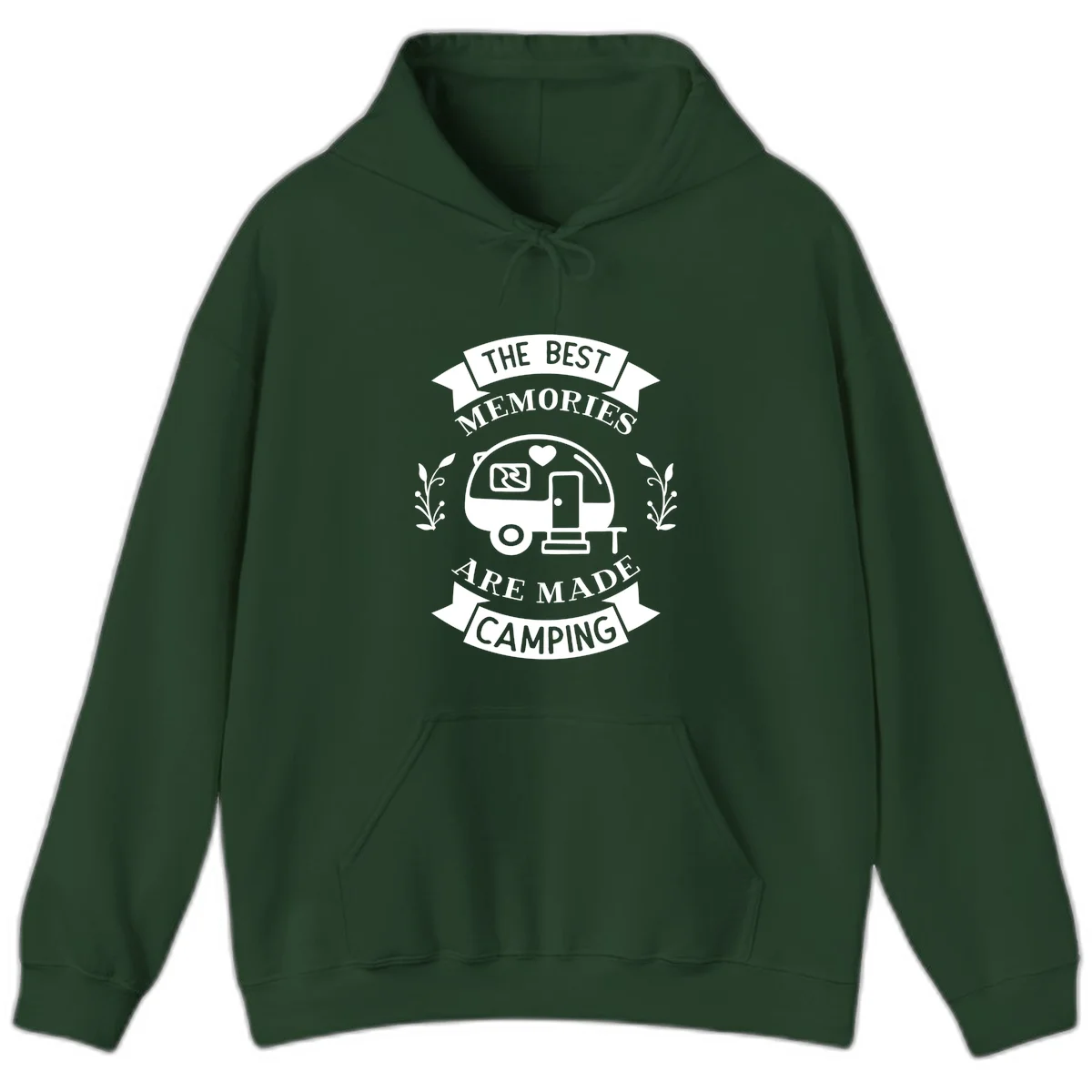 Vintage badge design with travel trailer and heart, text reading 'The Best Memories Are Made Camping' with decorative botanical branches in Forest Green