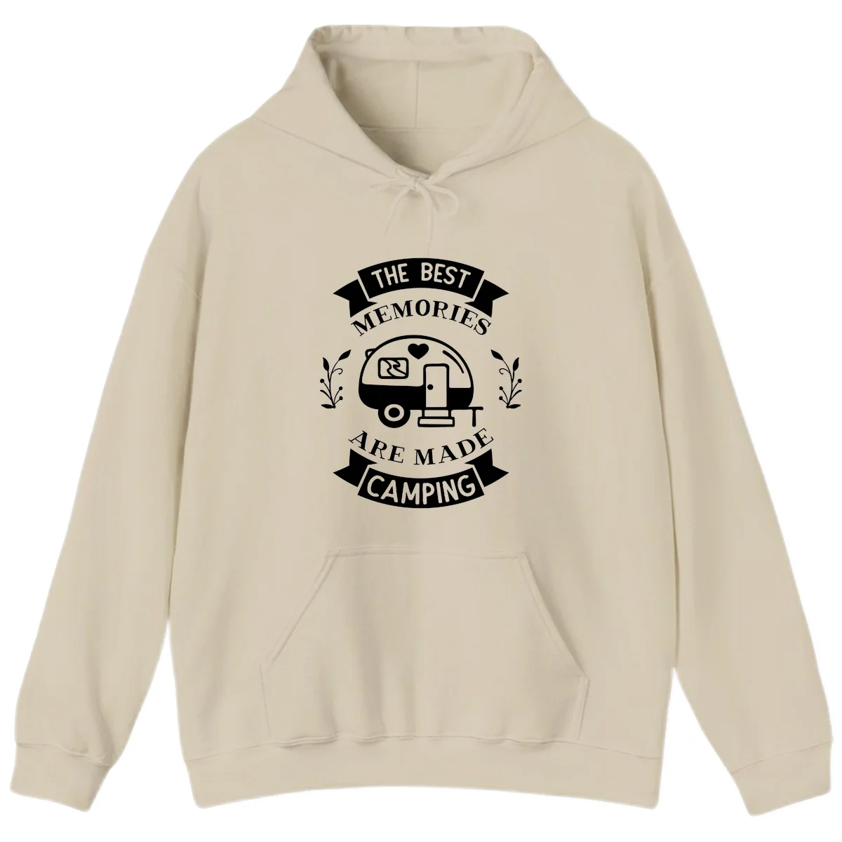 Vintage badge design with travel trailer and heart, text reading 'The Best Memories Are Made Camping' with decorative botanical branches in Sand