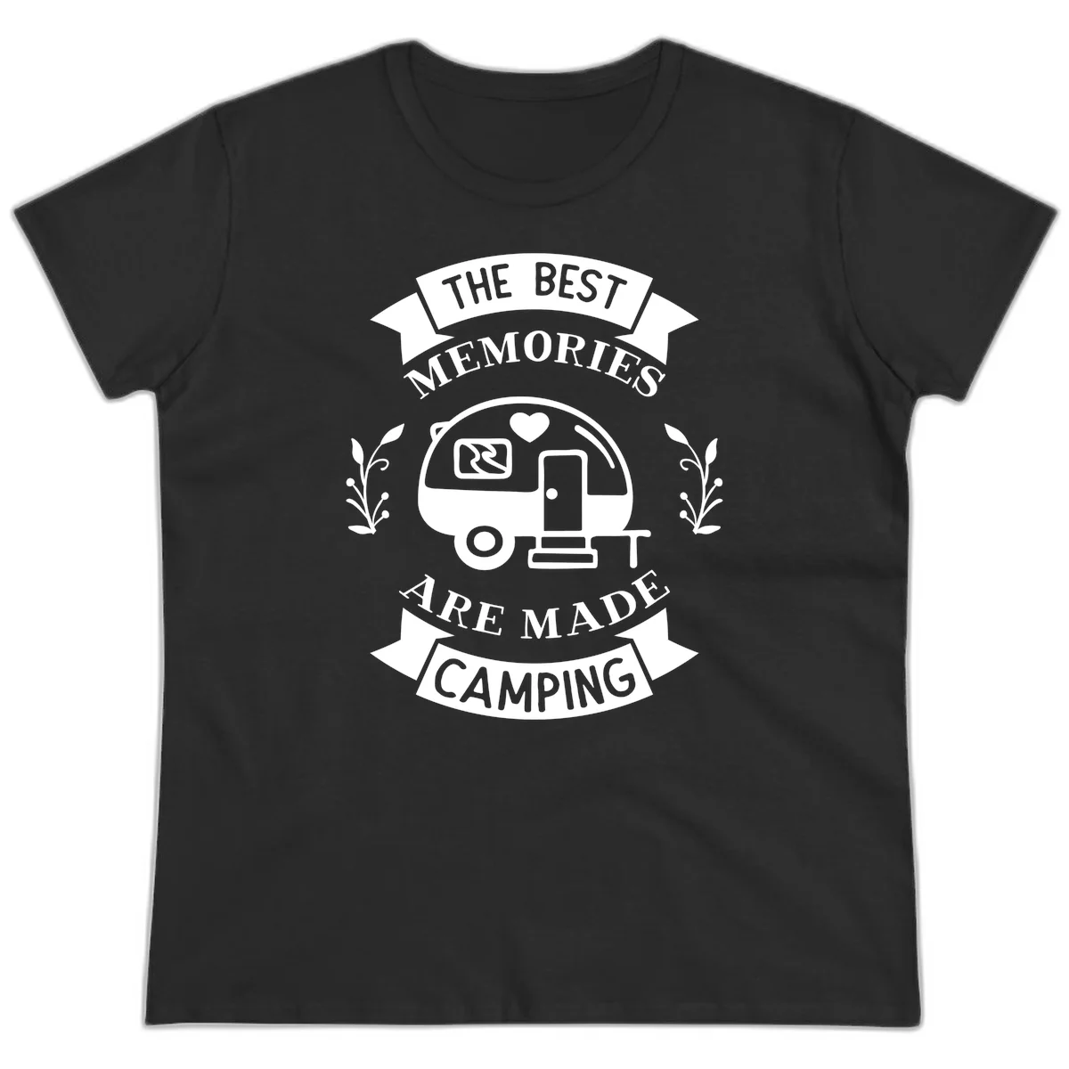 Vintage badge design with travel trailer and heart, text reading 'The Best Memories Are Made Camping' with decorative botanical branches in Black