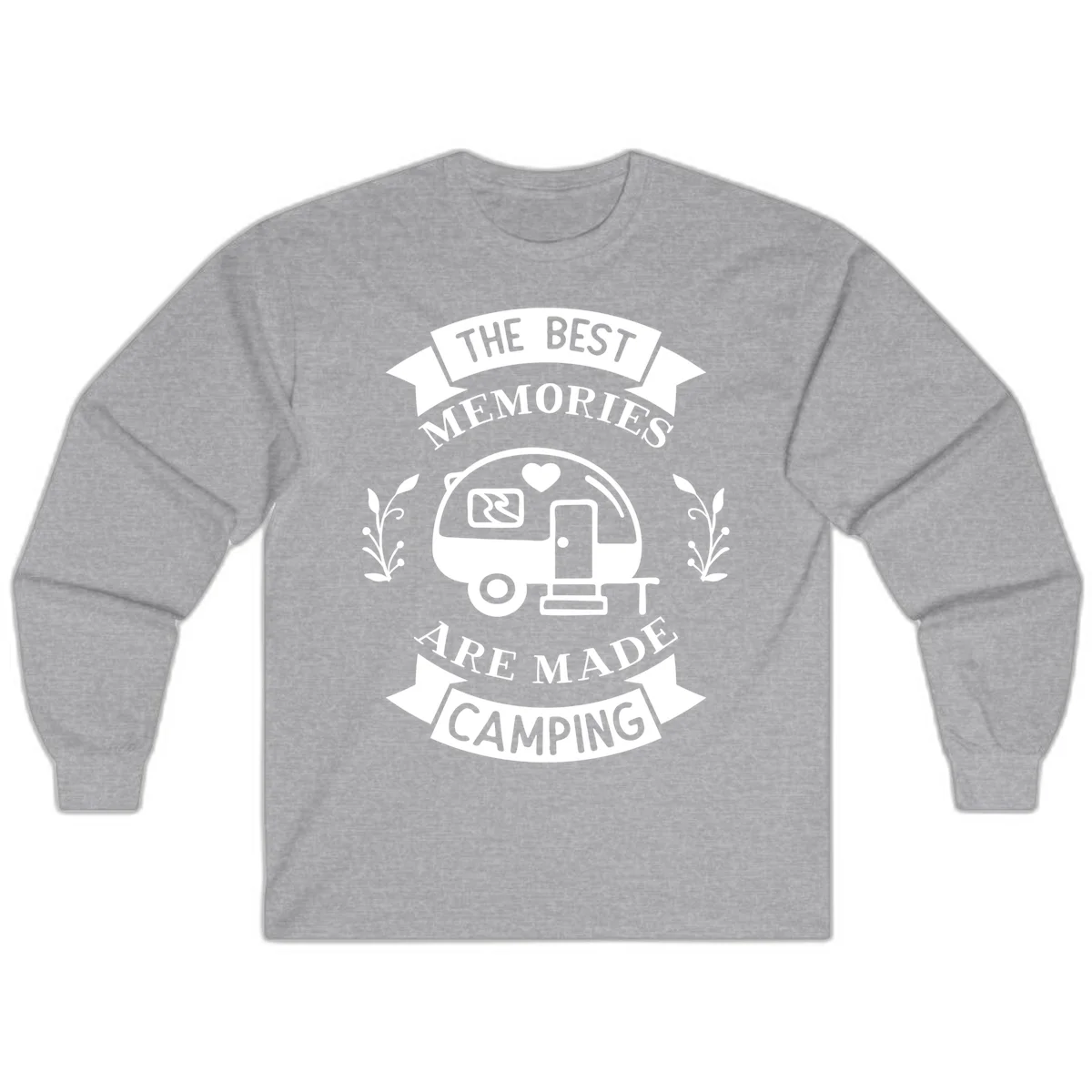Vintage badge design with travel trailer and heart, text reading 'The Best Memories Are Made Camping' with decorative botanical branches in Sport Grey