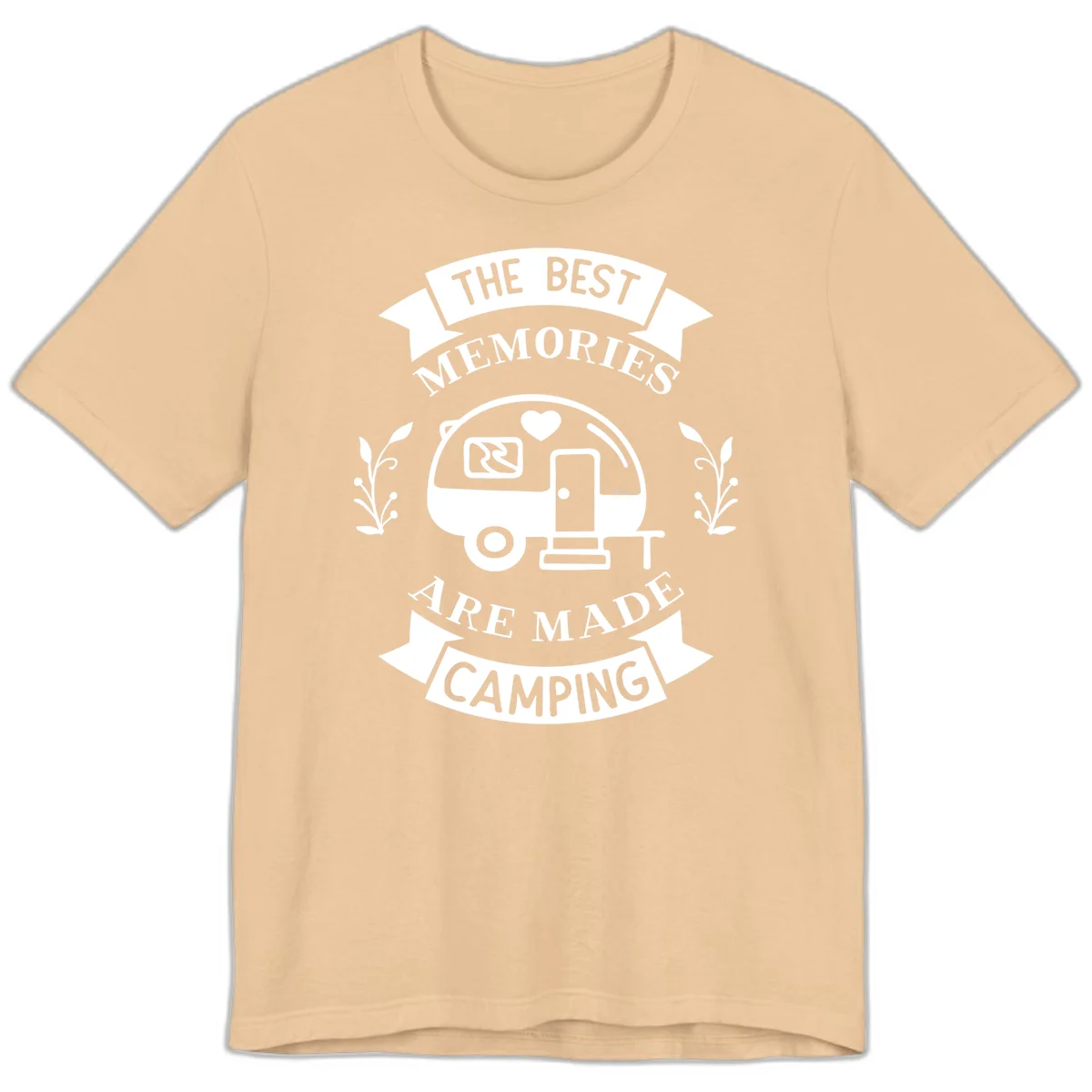 Vintage badge design with travel trailer and heart, text reading 'The Best Memories Are Made Camping' with decorative botanical branches in Sand Dune