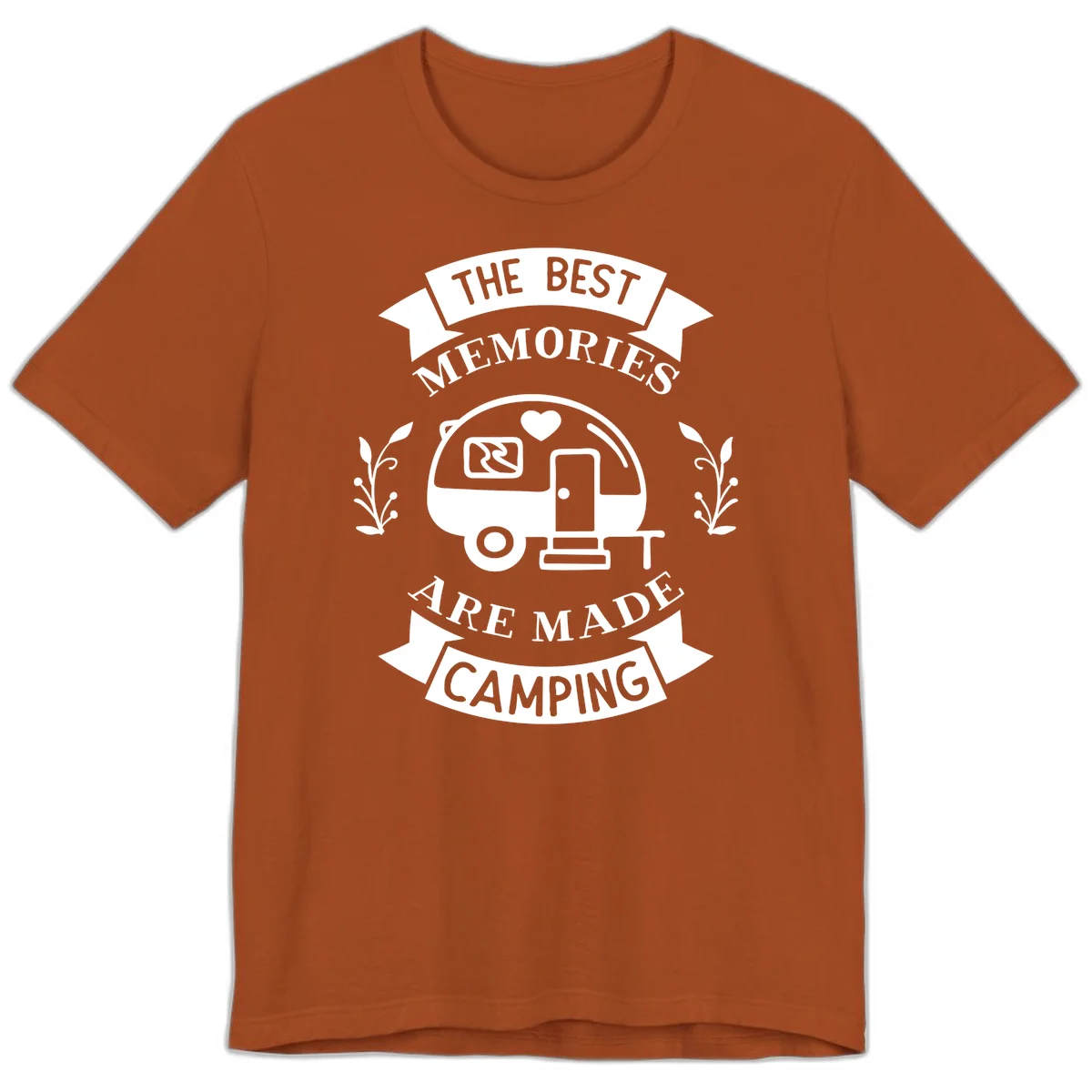 Vintage badge design with travel trailer and heart, text reading 'The Best Memories Are Made Camping' with decorative botanical branches in Autumn