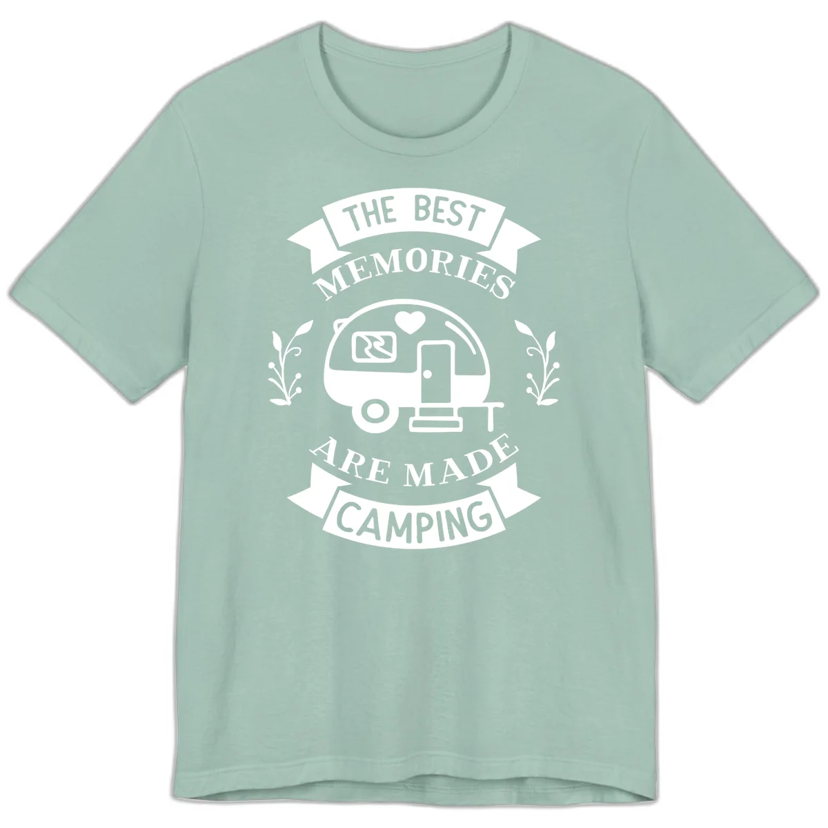 Vintage badge design with travel trailer and heart, text reading 'The Best Memories Are Made Camping' with decorative botanical branches in Dusty Blue